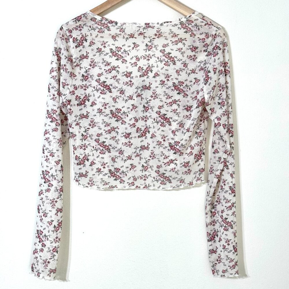 Y2K Rose Floral Mesh Cropped Top Tie Front Sheer Lettuce Hem Cardigan Coquette - Picture 6 of 12